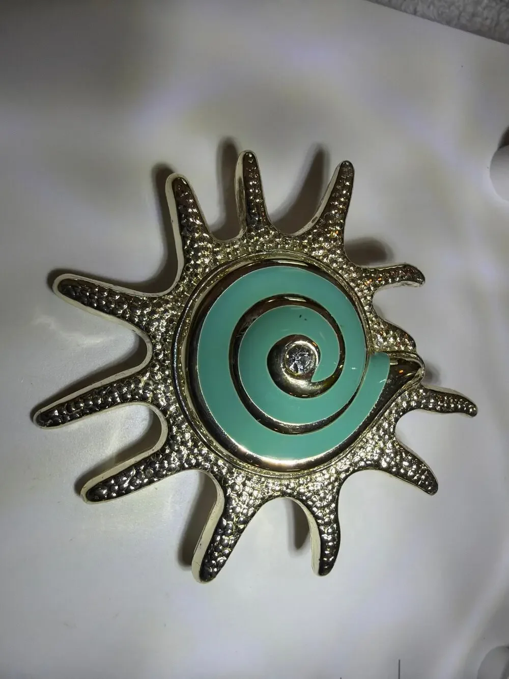 Signed Silver Tone Enamel Sunburst Brooch Pendant Aqua Rhinestone Vintage Pin